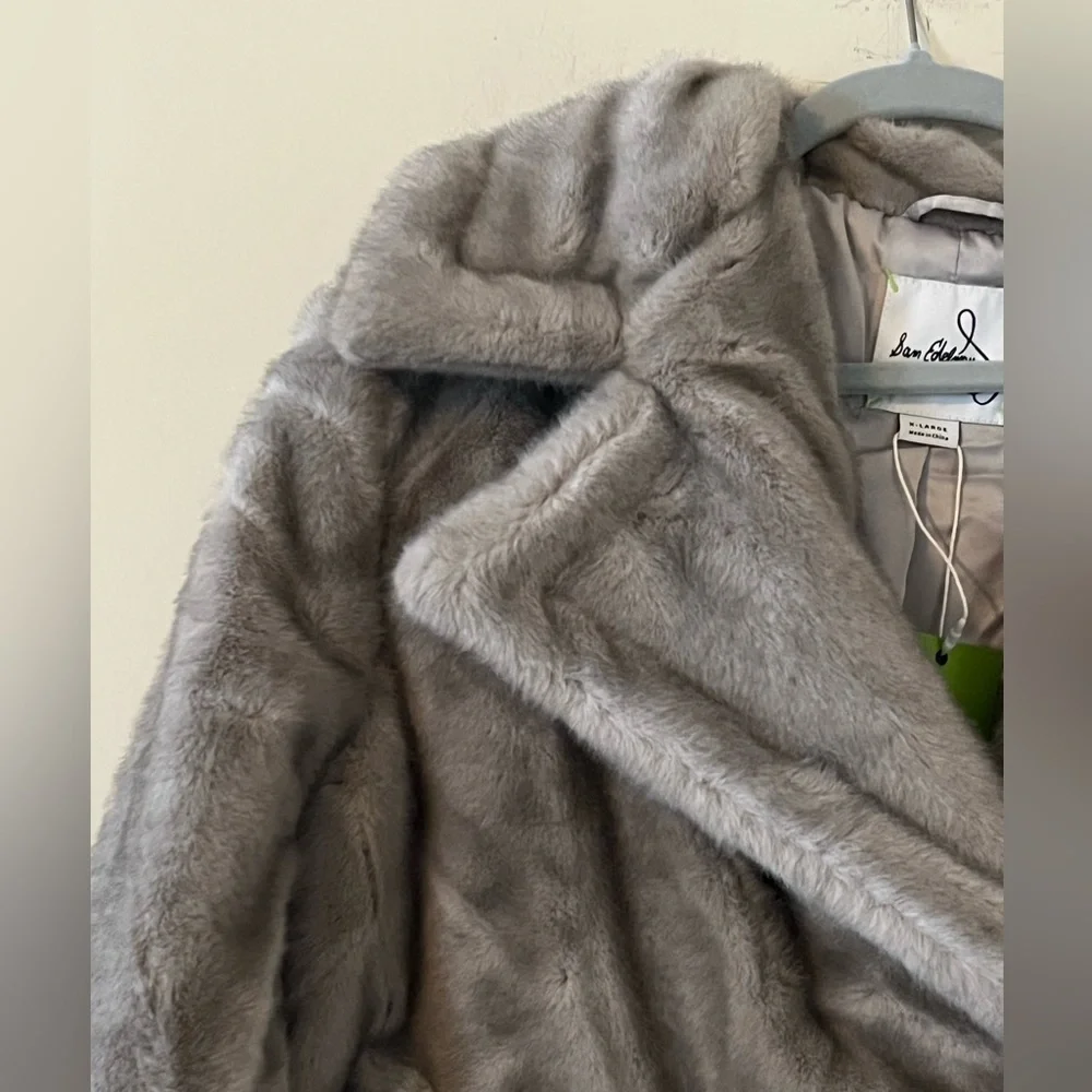 Sam Edelman Taupe Notch Collar Faux Fur Designer Jacket Women’s Size XL - Picture 5 of 16